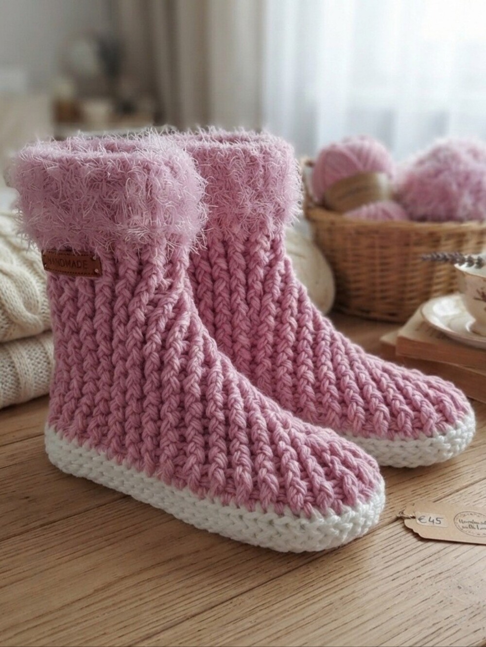 FCK Limits Studio Handcrafted Pink Crochet Slipper Boots Women 8 8.5 25cm Cozy